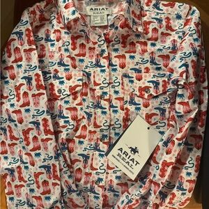 Ariat Cowboy Boot Pattern Shirt - Red and Blue on White